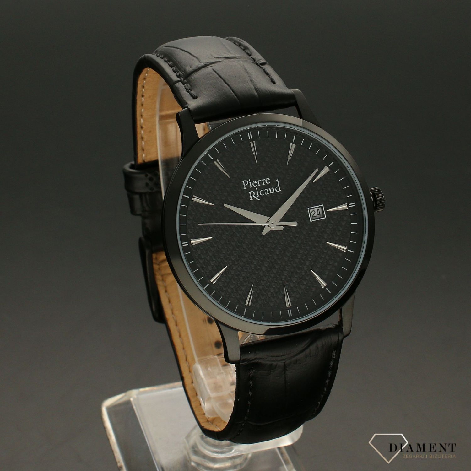 Zegarek męski na czarnym pasku skórzanym 'Czarny Klasyk' z czarą tarczą i kopertą..jpg