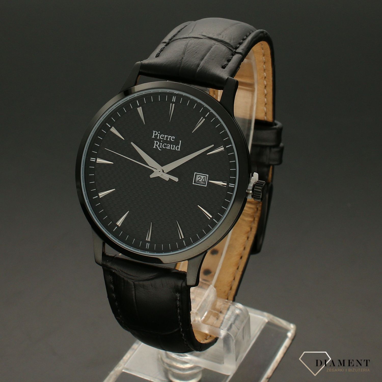 Zegarek męski na czarnym pasku skórzanym 'Czarny Klasyk' z czarą tarczą i kopertą..jpg