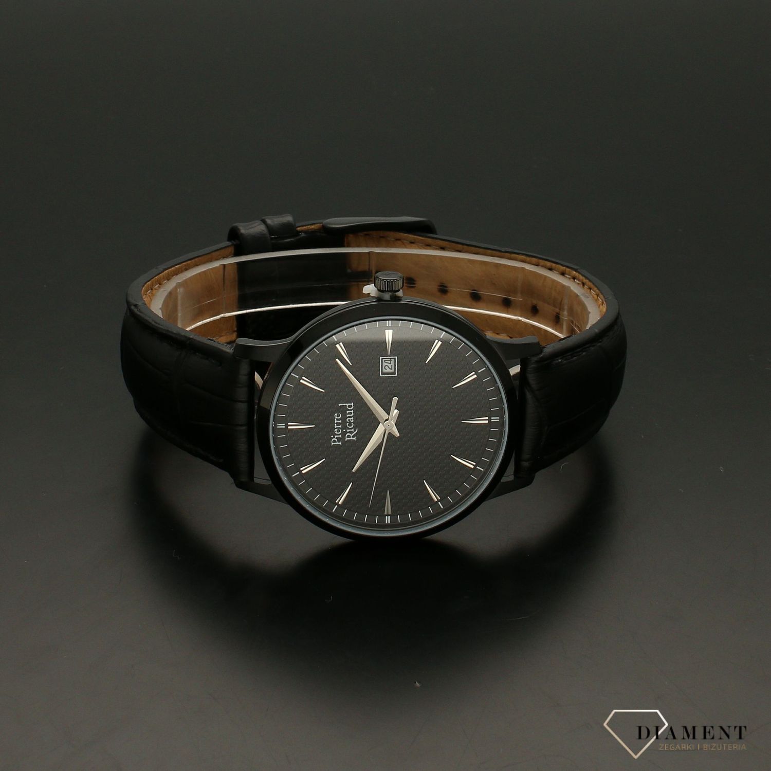 Zegarek męski na czarnym pasku skórzanym 'Czarny Klasyk' z czarą tarczą i kopertą..jpg