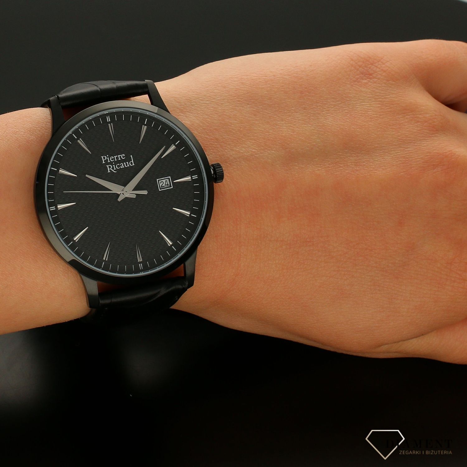 Zegarek męski na czarnym pasku skórzanym 'Czarny Klasyk' z czarą tarczą i kopertą..jpg