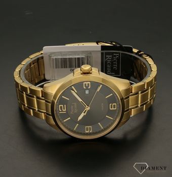 Zegarek męski na bransolecie Pierre Ricaud P91073.1156Q Tarcza zegarka w kolorze czarnym z złotymi głównymi cyframi arabskimi zapewnia przejrzysty i nowoczesny wygląd. Wskazówki w tym modelu są koloru złotego. Bardzo duża wo (5).jpg