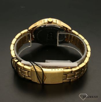 Zegarek męski na bransolecie Pierre Ricaud P91073.1156Q Tarcza zegarka w kolorze czarnym z złotymi głównymi cyframi arabskimi zapewnia przejrzysty i nowoczesny wygląd. Wskazówki w tym modelu są koloru złotego. Bardzo duża wo.jpg