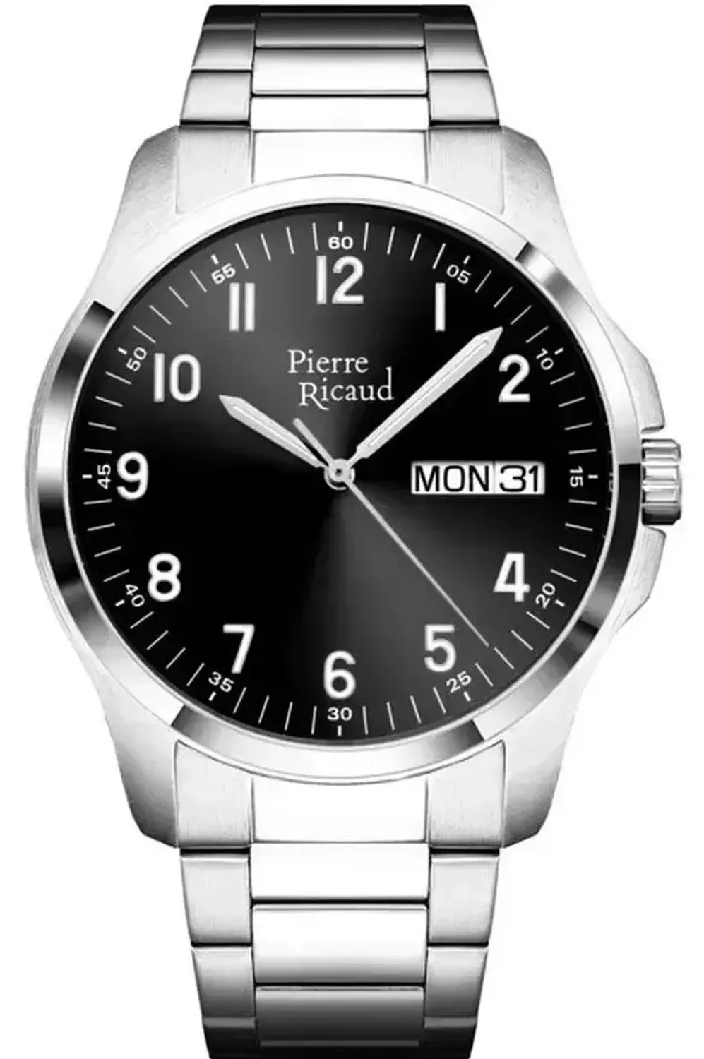 Zegarek męski Pierre Ricaud P91105.5124Q Gent Watch Classic – stal nierdzewna, czarna tarcza ze szlifem słonecznym, szafirowe szkło, mechanizm Citizen Miyota 2405, datownik dzień 1.webp