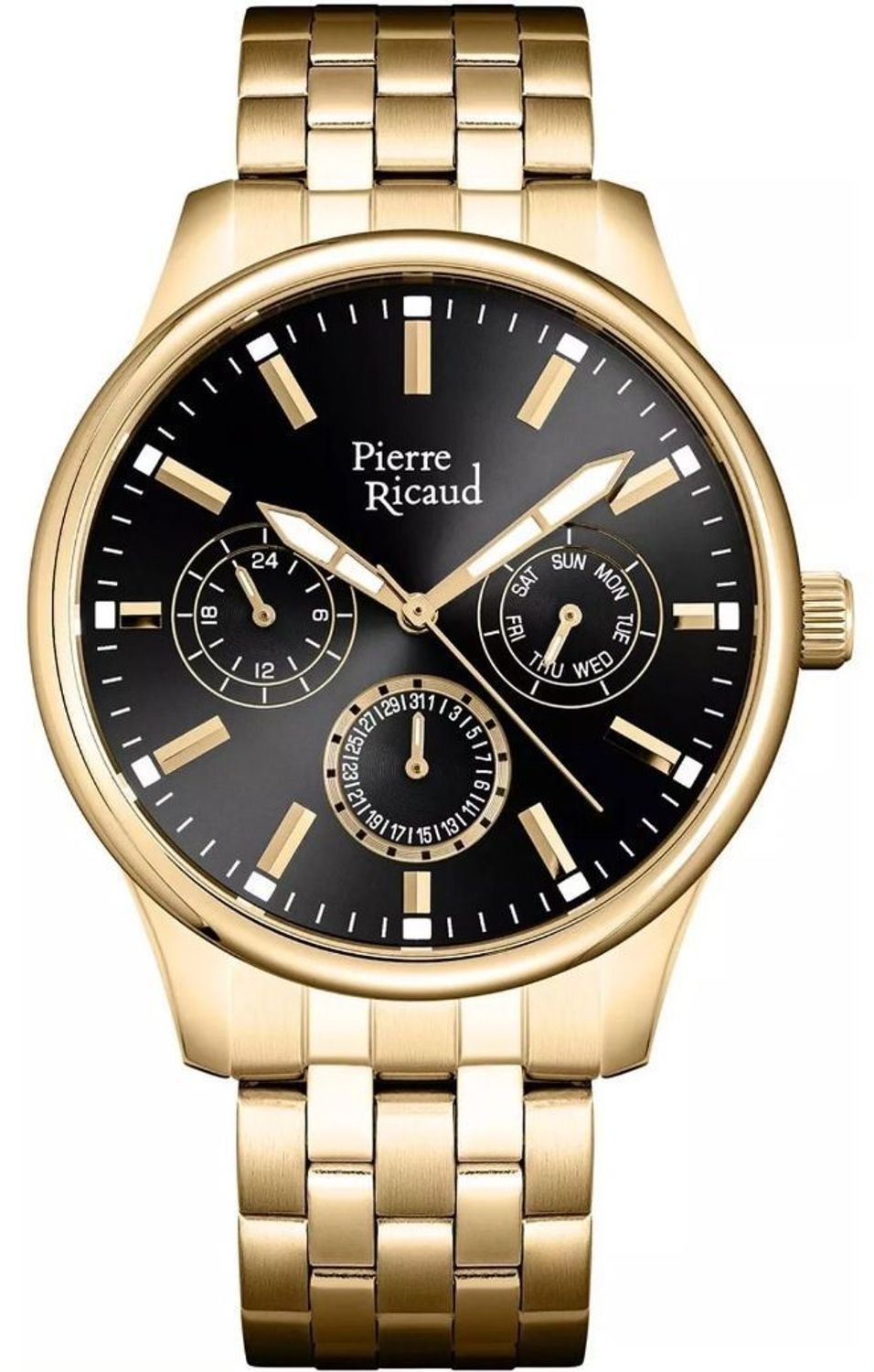 Zegarek męski Pierre Ricaud złoty z czarną tarczą i datownikiem – szafirowe szkło, bransoleta stalowa.jpg