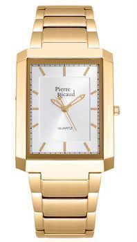 Zegarek męski złoty w kształcie prostokąta na złotej bransolecie ze srebrną tarczą marski Pierre Ricuad P97014F.1113Q.jpg