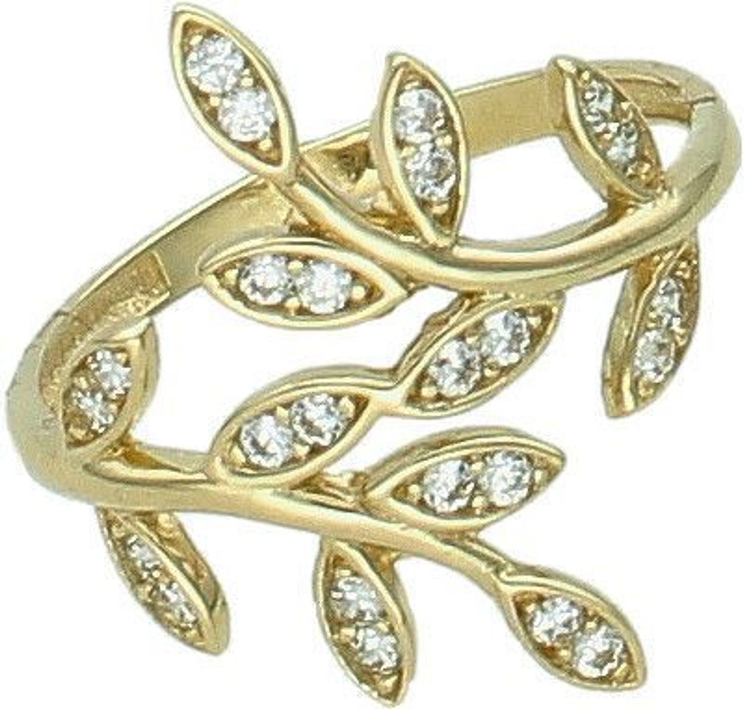 Złoty pierścionek damski 585 listki z cyrkoniami PAR0367. Złoty pierścionek damski. Złoty pierścionek z listkami. Nowoczesny złoty pierścionek dla kobiety. Damski złoty pierścionek z listkami na prezent..jpg