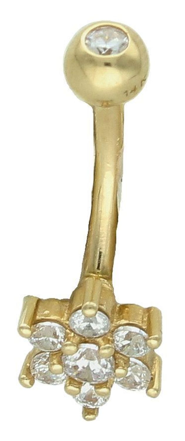 Kolczyk złoty 585 do pępka kwiat z cyrkoniami PB705  Kolczyk wykonany z najwyższej jakości złota próby 585. Dodatek łączy w sobie symbolikę kruszcu i koloru,1.jpg