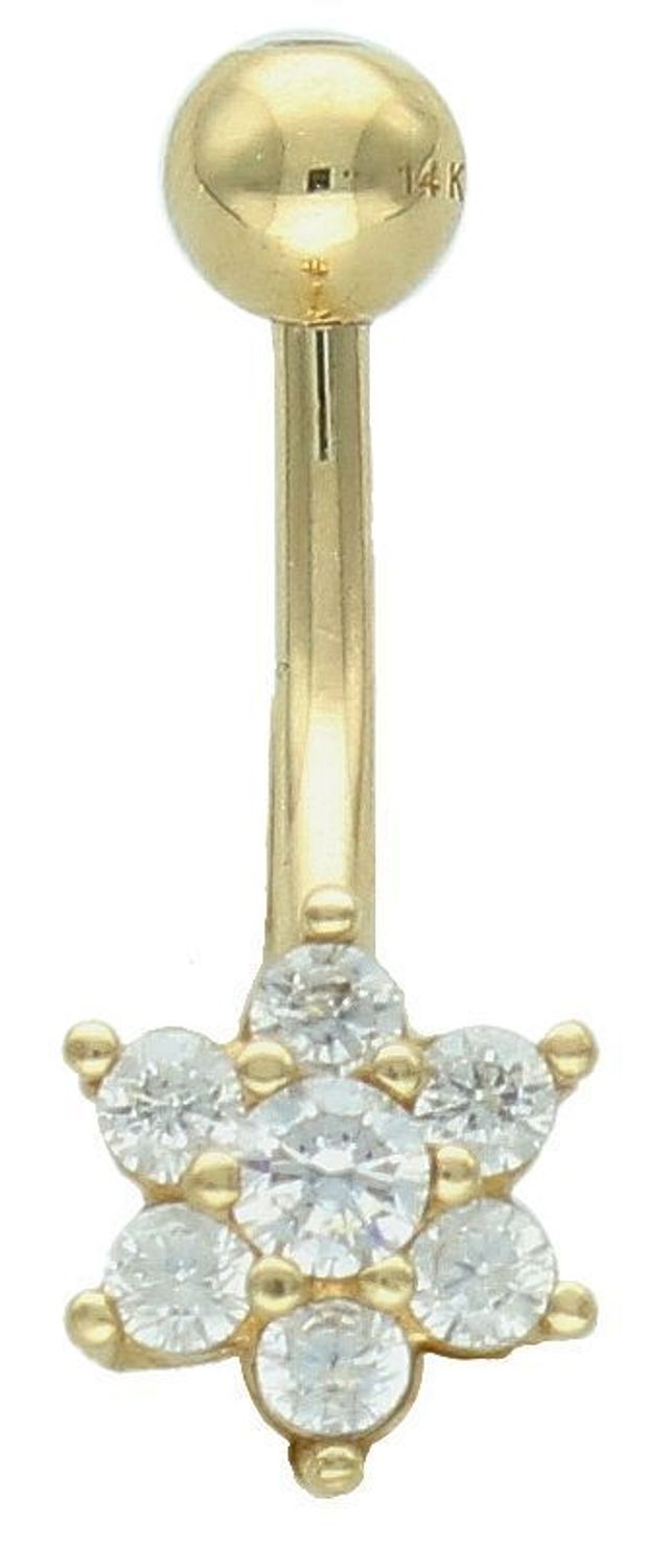 Kolczyk złoty 585 do pępka kwiat z cyrkoniami PB705  Kolczyk wykonany z najwyższej jakości złota próby 585. Dodatek łączy w sobie symbolikę kruszcu i koloru,1.jpg