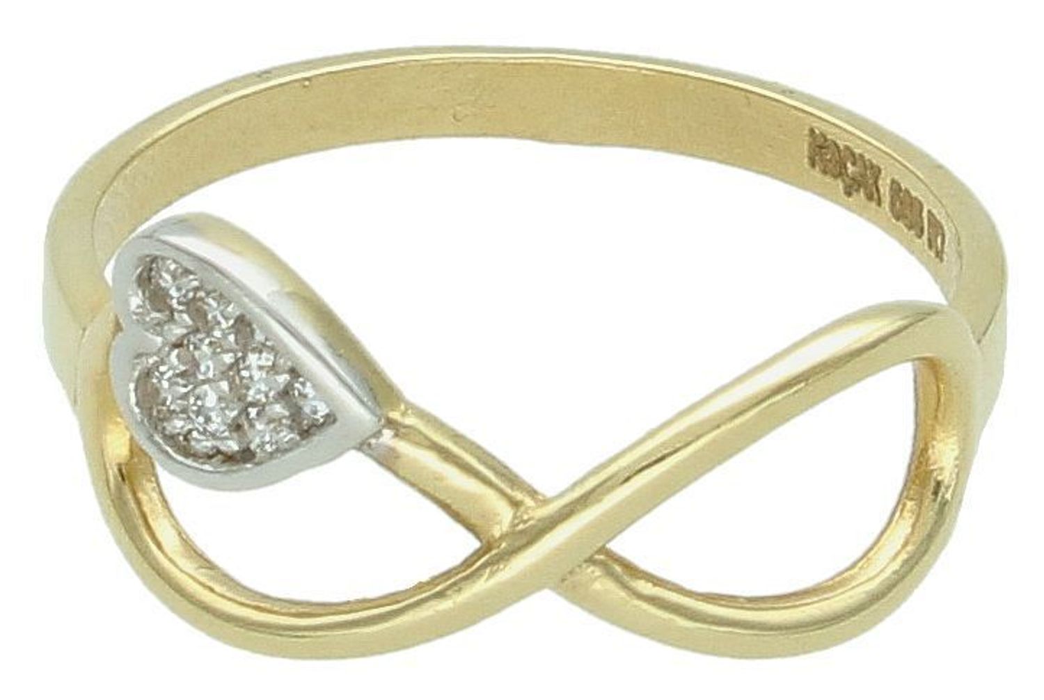 Złoty pierścionek 585 nieskończoność z sercem PI4854 Elegancki pierścionek z motywem nieskończoności ozdobiony serduszkiem wykonanym z białego złota, wysadzany białymi cyrkoniami. 1.jpg