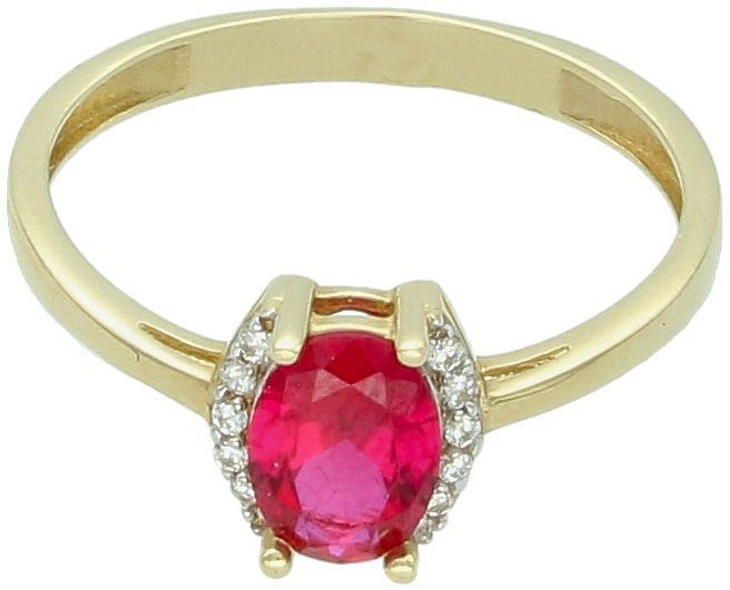 Złoty pierścionek damski PI4889 z różową owalną cyrkonią otoczoną białymi kamieniami. Próba 585, 1,88 g, rozmiar 14, szerokość szyny 2 mm. Idealny na prezent lub wyjątkową okazję.1.jpg