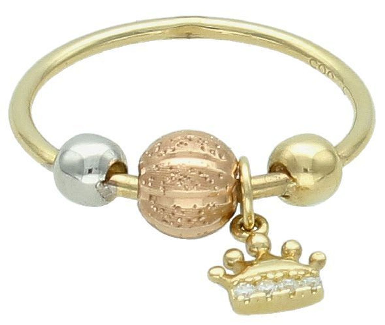 Złoty pierścionek damski kulki trzy kolory złota i wiszącą koroną PI4895. Złoty pierścionek z kuleczkami ze złota w trzech kolorach i zawieszką w formie korony. Złoty pierścionek damski. 1.jpg