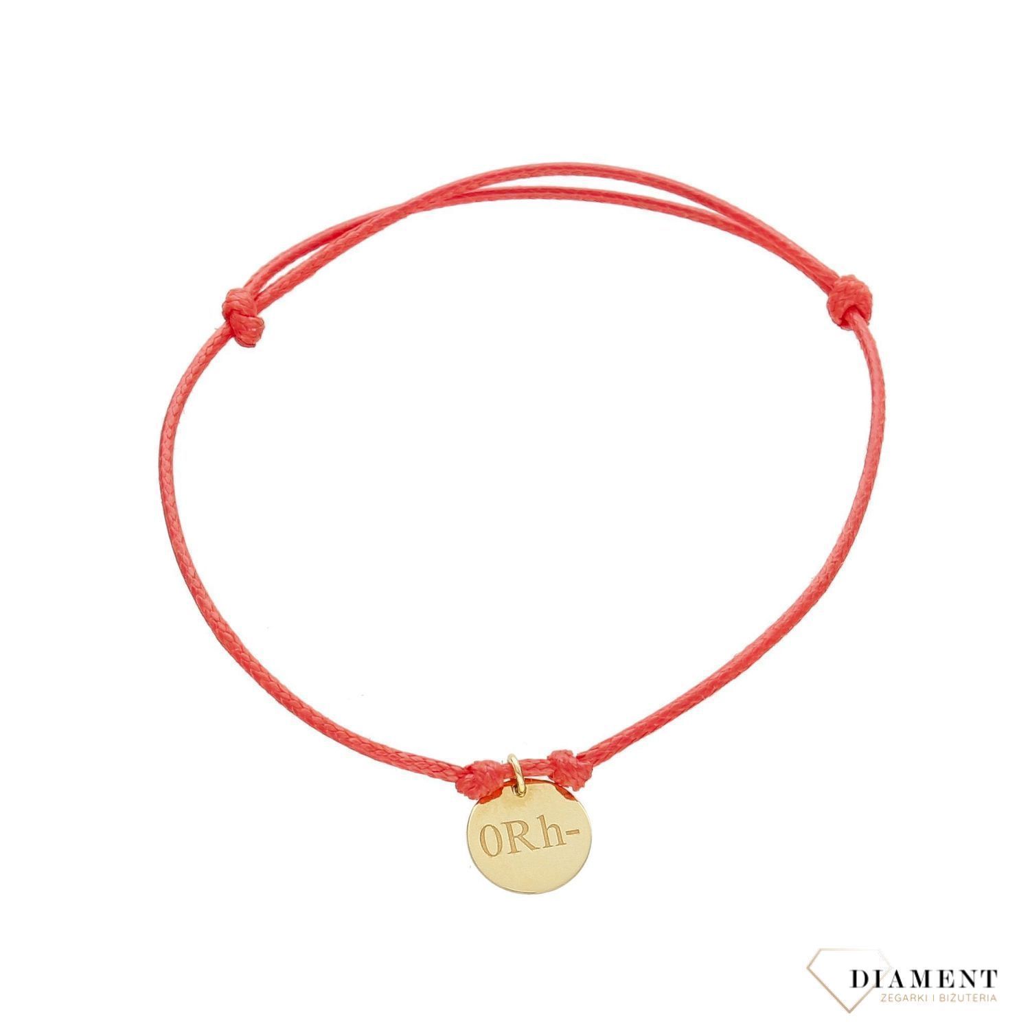 Złota bransoletka na sznurku czerwonym grupa krwi 0 Rh- PL0127BG14K. Piękna ozdoba dla młodych kobiet.  (2).jpg