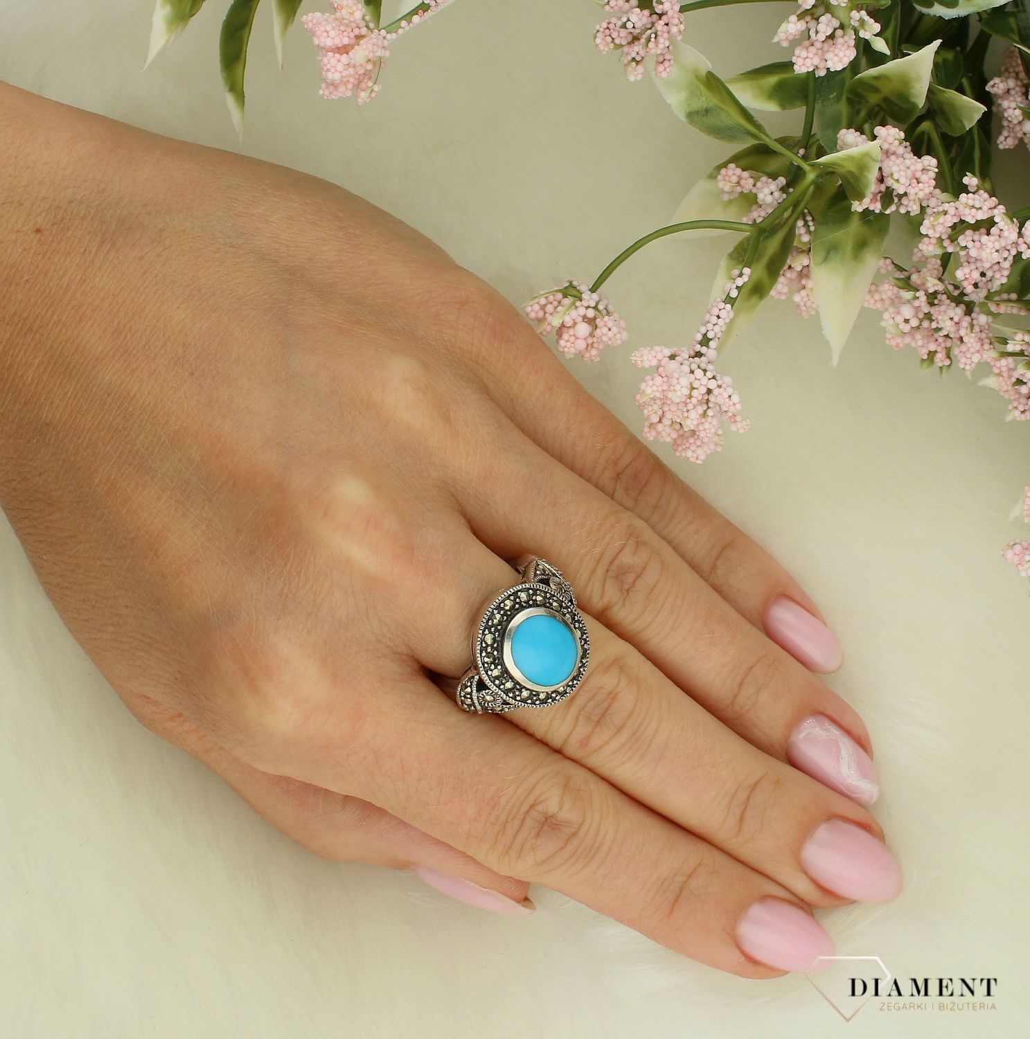 Srebrny pierścionek damski 925 z turkusem i markazytami rozmiar 14 PM1206.jpg