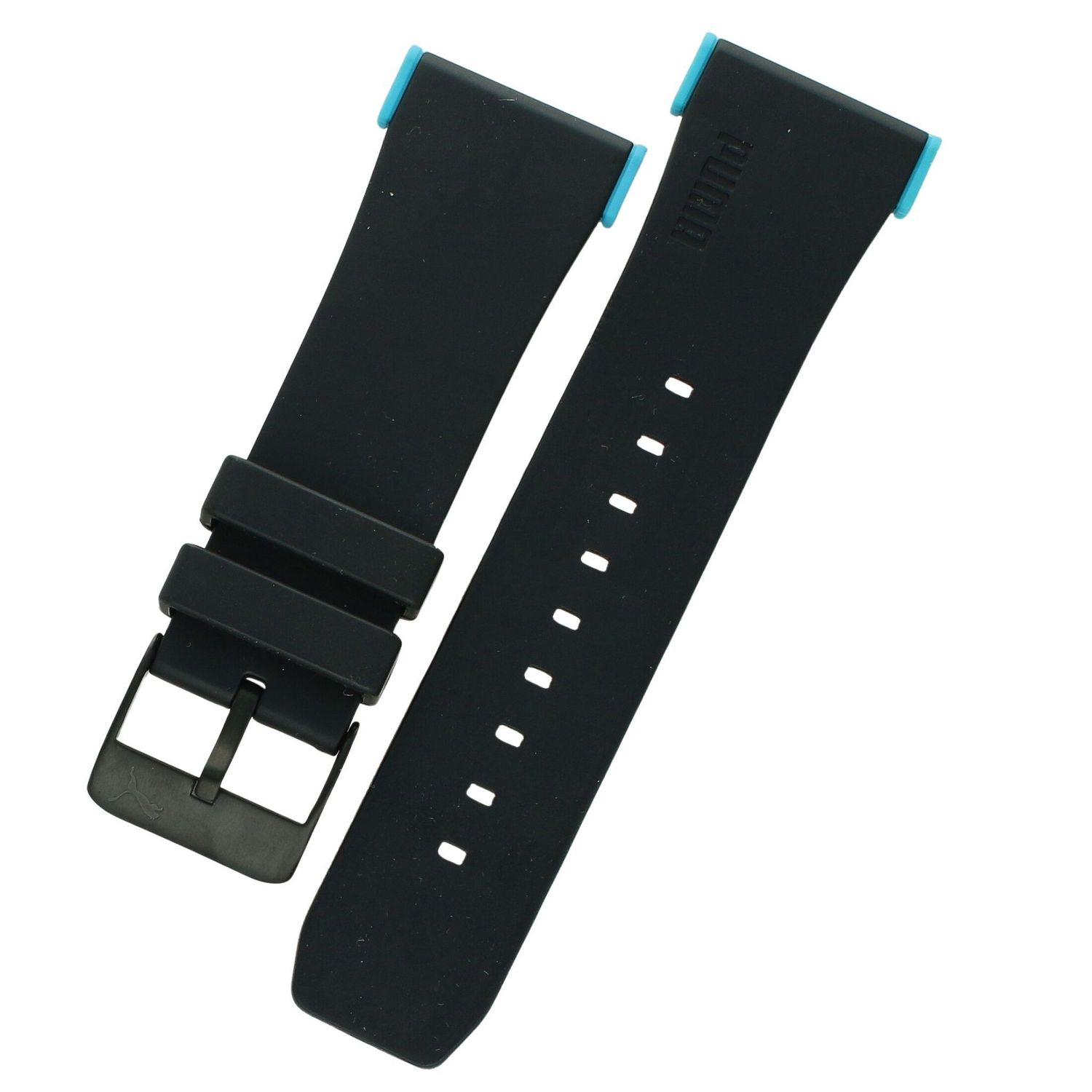 Pasek do zegarka PUMA PU102941002 czarny z błękitną wstawką. Gumowy, gładki i wygodny w noszeniu. Szerokość 28 mm, mocowanie na teleskopy – pasuje do zegarków z rozmiarem kopertymocowania 28 mm.1.jpg