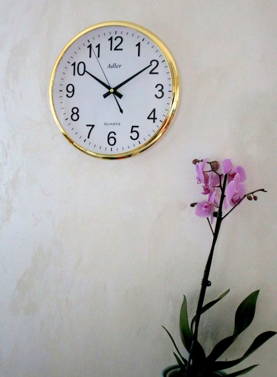 Zegar ścienny okrągły Adler złoty PW110-1700-G. Zegar ścienny okrągły zasilany za pomocą baterii. Zegar ścienny okrągły z tworzywa sztucznego w kolorze złotym z czarnymi dodatkami. Zegar ścienny (2).JPG