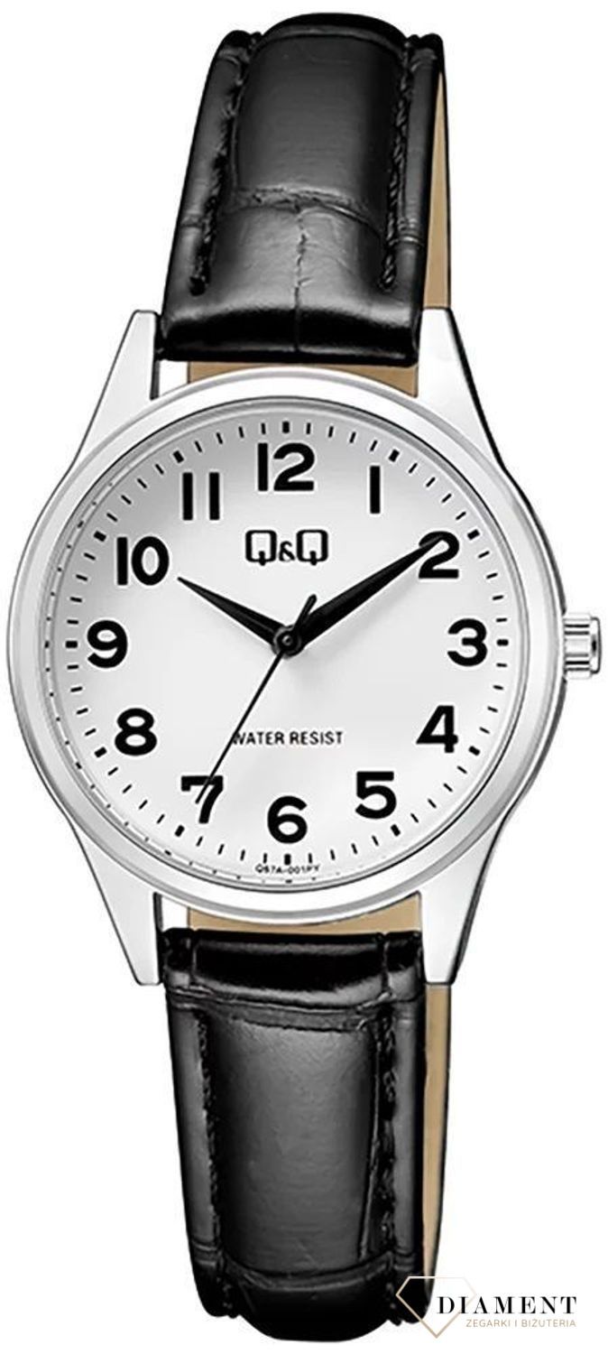 Zegarek damski QQ na czarnym pasku z cyframi Q57A-001P. Zegarki damskie wyraźne. Zegarek dla starszej osoby. Klasyczny tani zegarek na pasku. Pomysł na prezent dla starszej osoby. Zegarek dla seniora..jpg