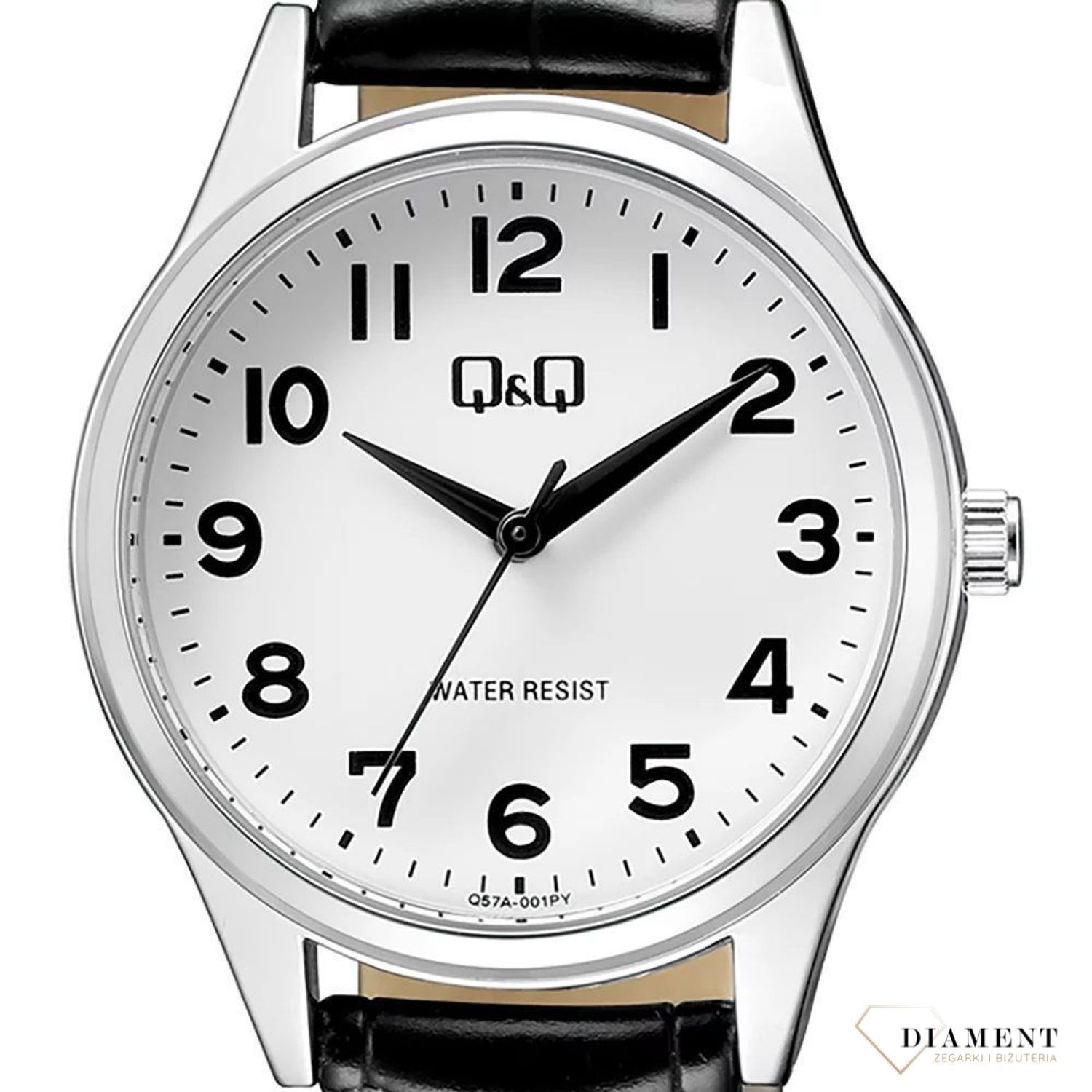 Zegarek damski QQ na czarnym pasku z cyframi Q57A-001P. Zegarki damskie wyraźne. Zegarek dla starszej osoby. Klasyczny tani zegarek na pasku. Pomysł na prezent dla starszej osoby. Zegarek dla seniora..jpg