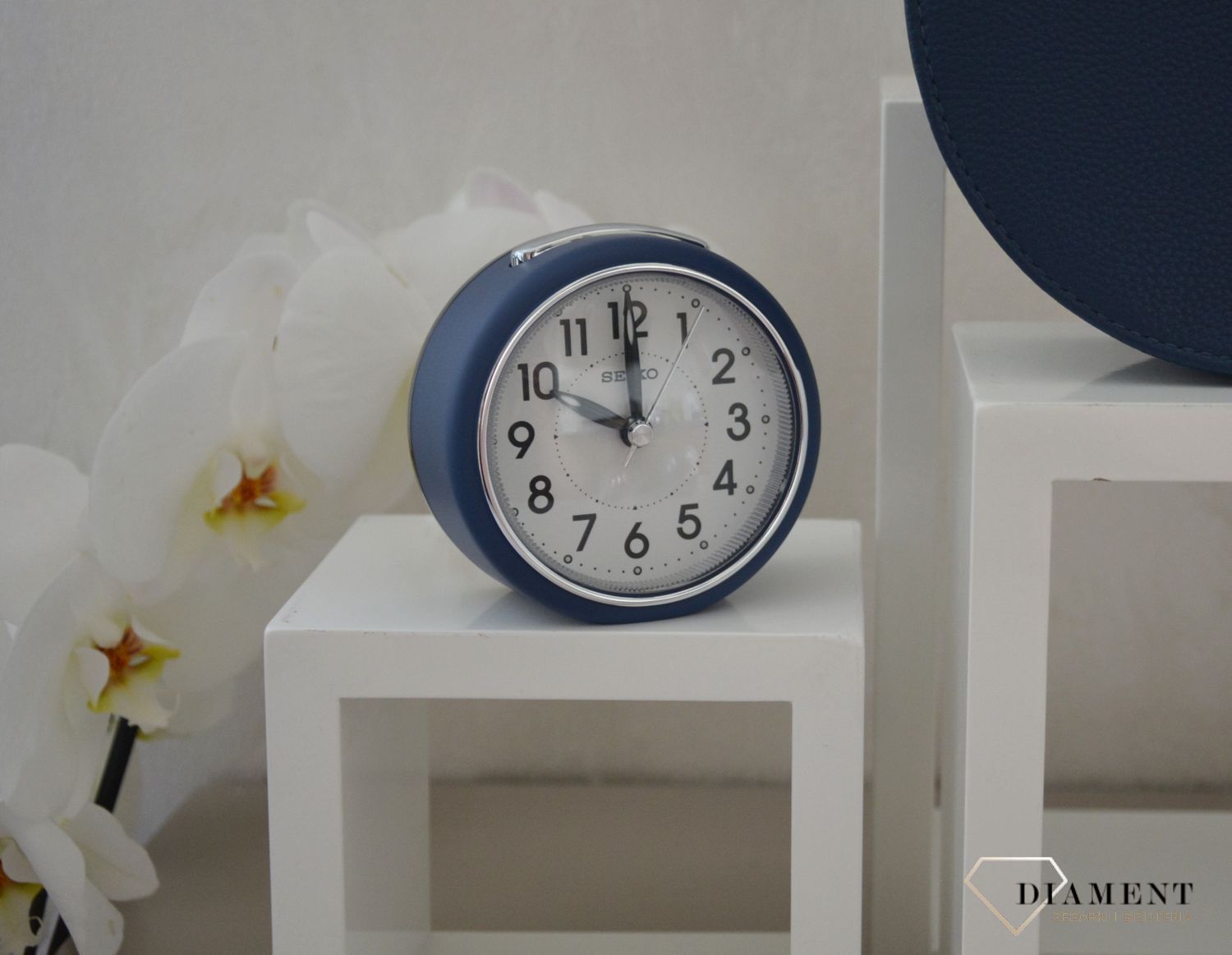 Budzik klasyczny, niebieski Seiko QHE125L Cichy mechanizm.jpg