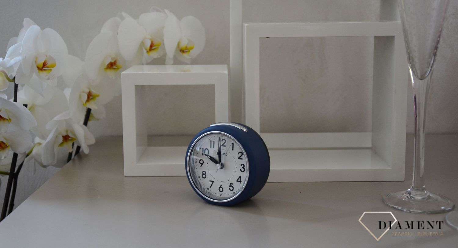 Budzik klasyczny, niebieski Seiko QHE125L Cichy mechanizm.jpg