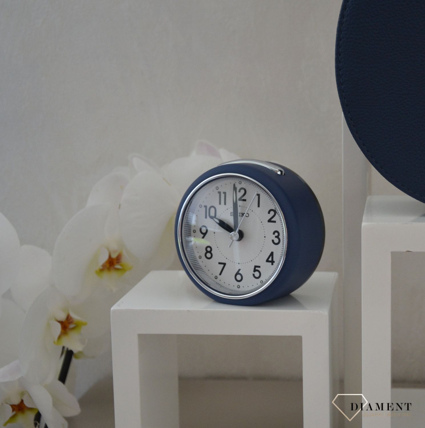 Budzik klasyczny, niebieski Seiko QHE125L Cichy mechanizm.jpg