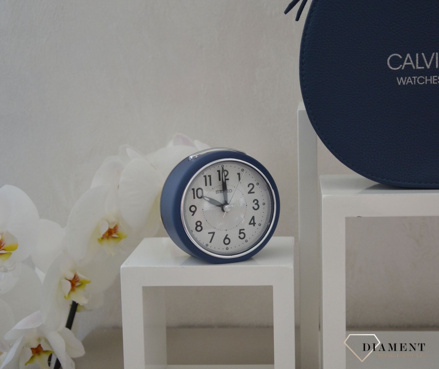 Budzik klasyczny, niebieski Seiko QHE125L Cichy mechanizm.jpg