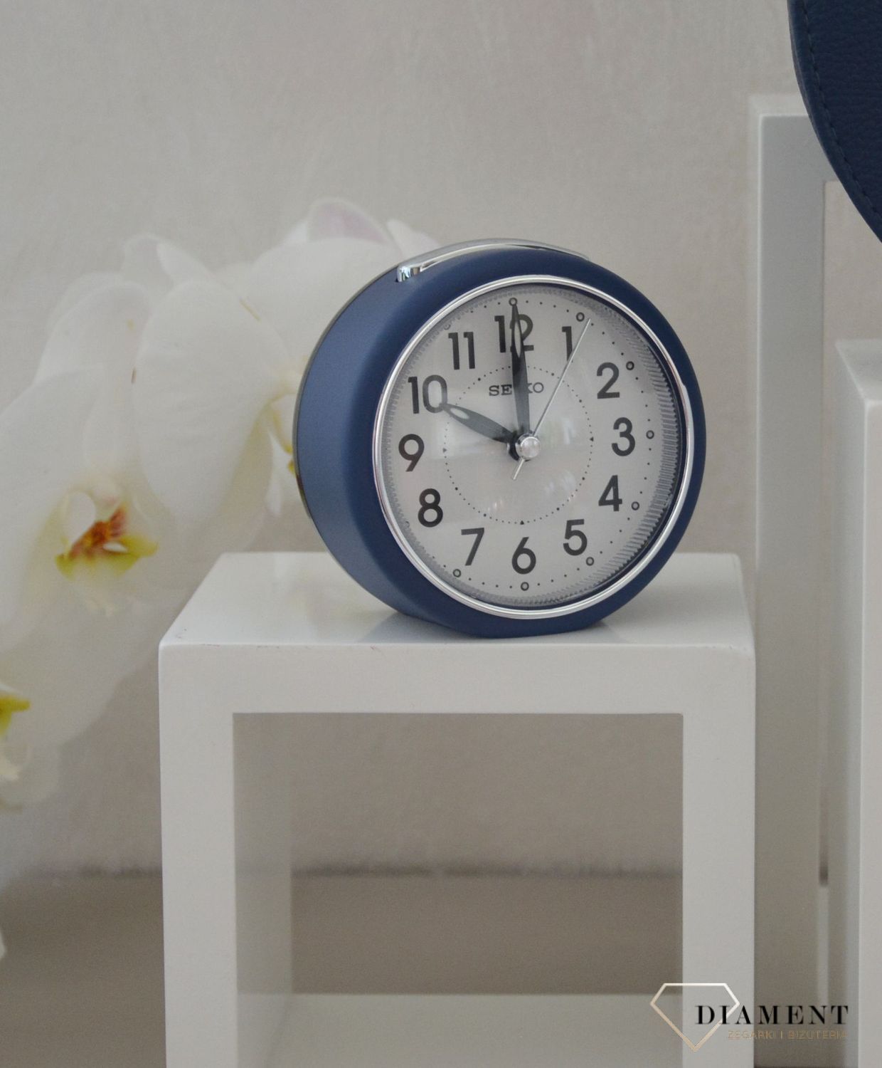 Budzik klasyczny, niebieski Seiko QHE125L Cichy mechanizm.jpg