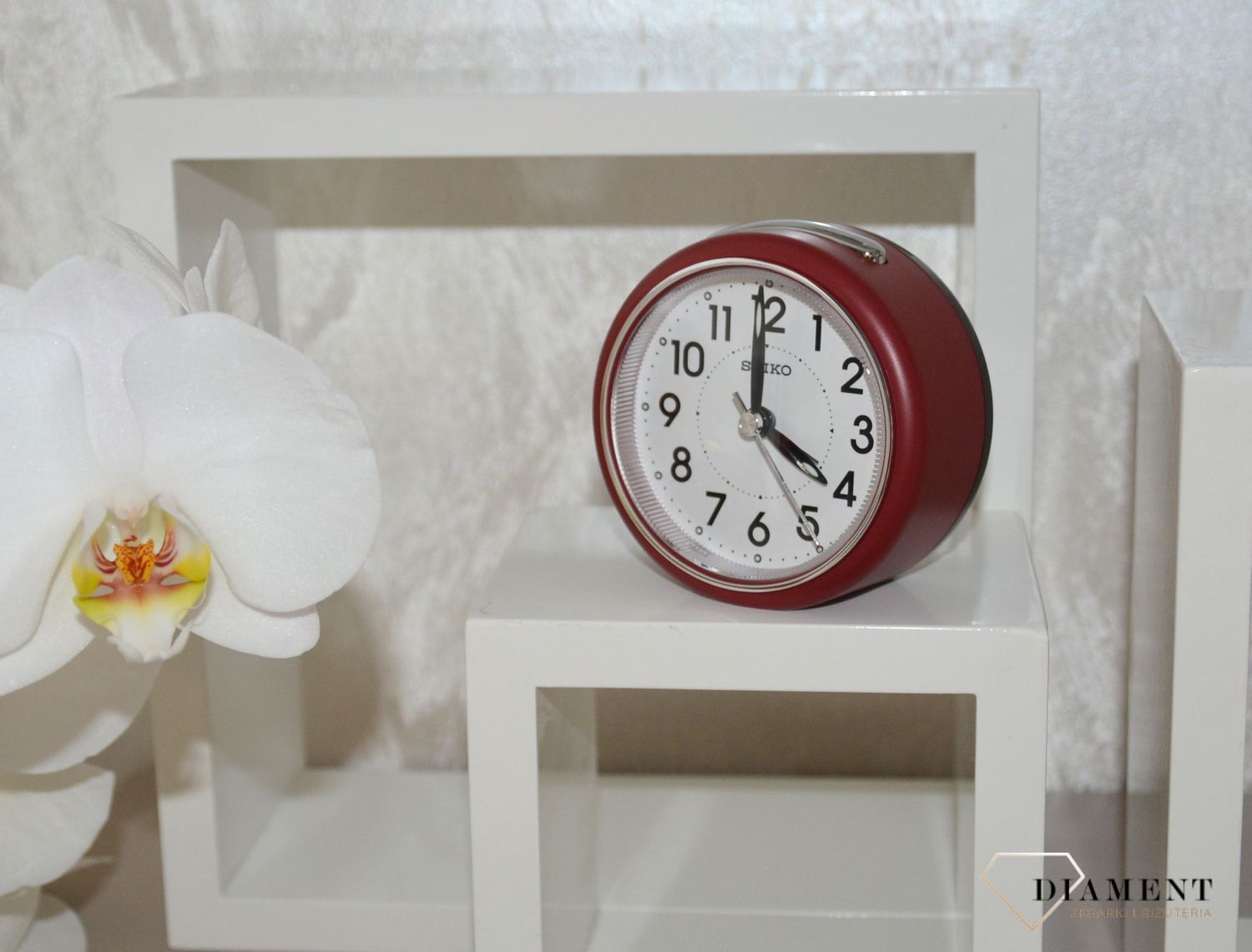 Budzik klasyczny, bordowy Seiko QHE125R Cichy mechanizm.jpg