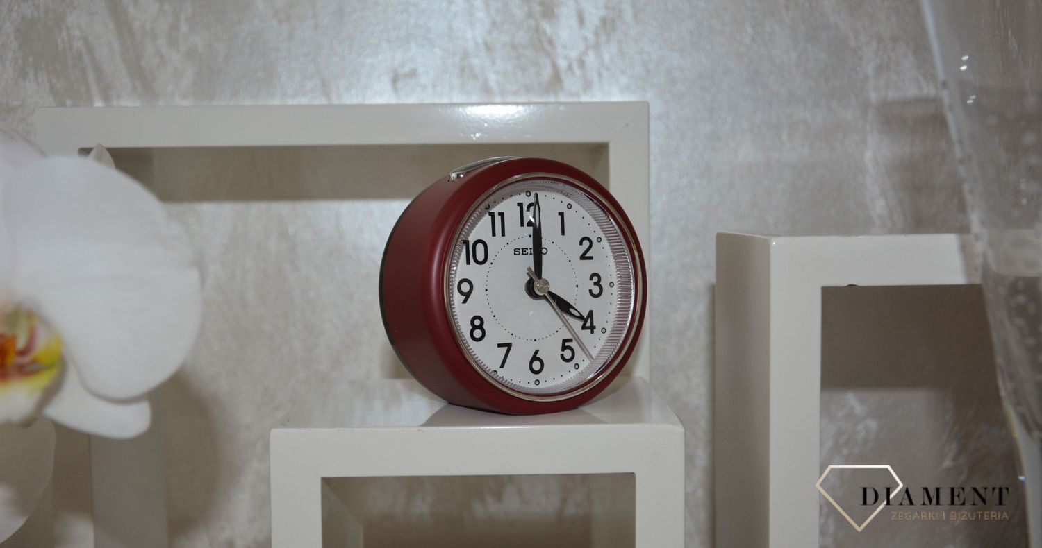 Budzik klasyczny, bordowy Seiko QHE125R Cichy mechanizm.jpg