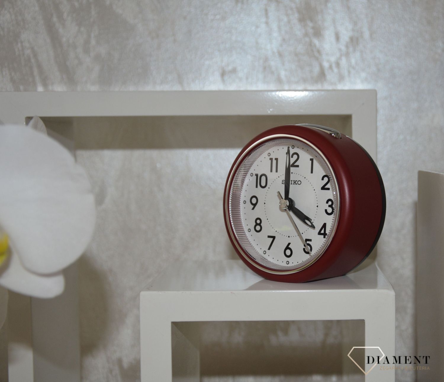 Budzik klasyczny, bordowy Seiko QHE125R Cichy mechanizm.jpg