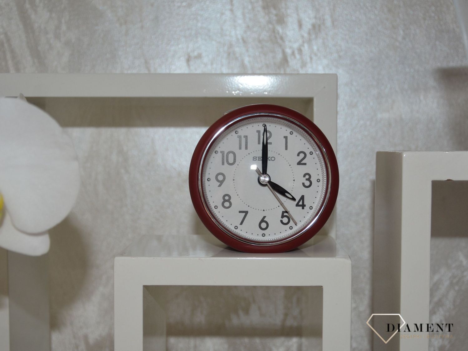 Budzik klasyczny, bordowy Seiko QHE125R Cichy mechanizm.jpg