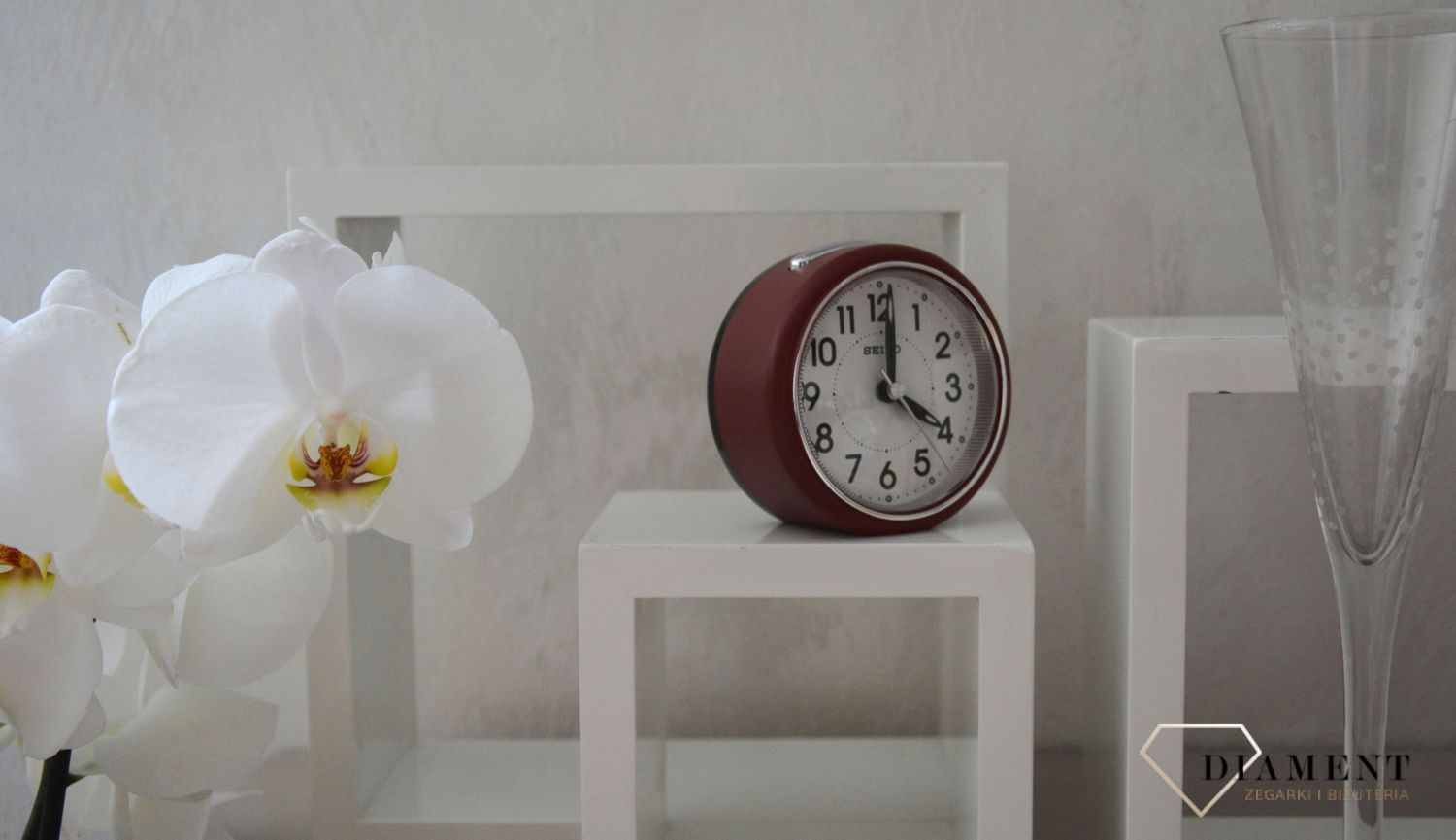 Budzik klasyczny, bordowy Seiko QHE125R Cichy mechanizm.jpg