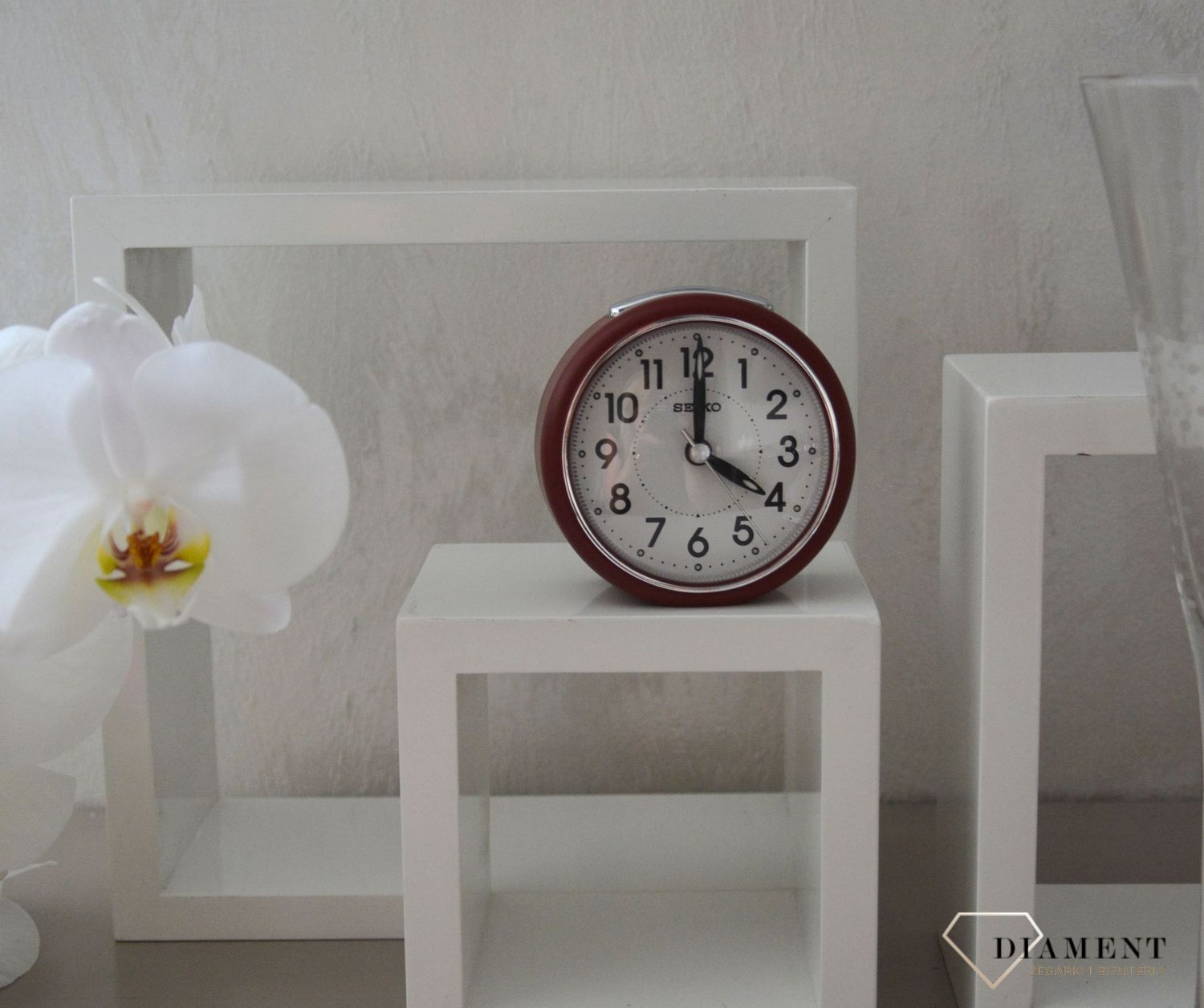 Budzik klasyczny, bordowy Seiko QHE125R Cichy mechanizm.jpg