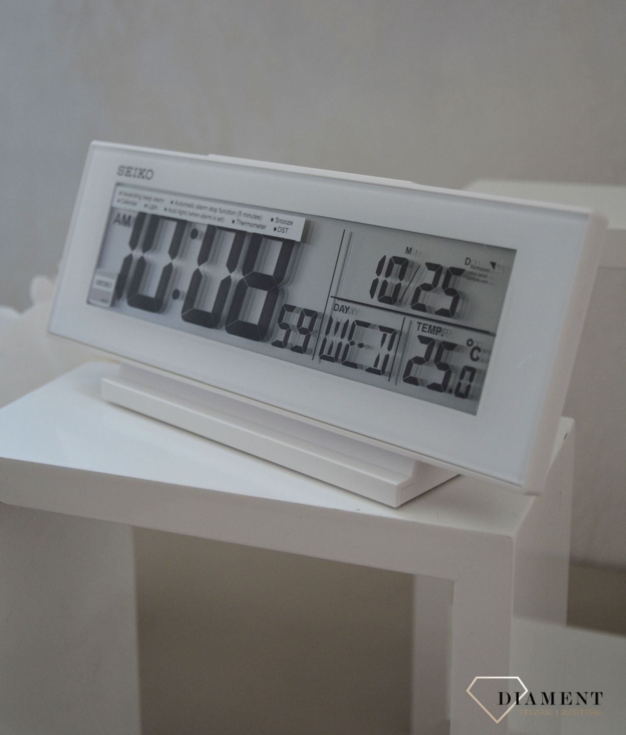 budzik Seiko, Budzik eletroniczny, biały budzik na biurko QHL072W.jpg