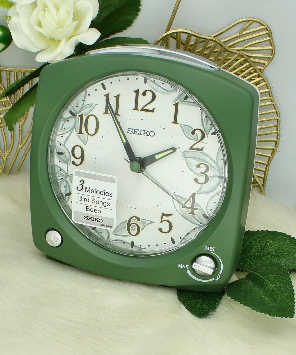 Budzik Seiko QHP012M zielony, śpiew ptaków, melodie, regulacja głośności, drzemka i podświetlenie.jpg