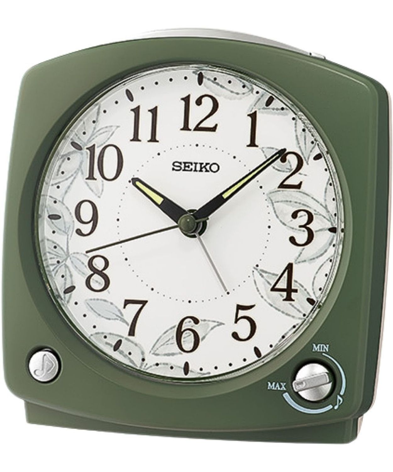 Budzik Seiko QHP012M zielony, śpiew ptaków, melodie, regulacja głośności, drzemka i podświetlenie.jpg