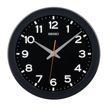 Zegar ścienny SEIKO QXA835K 37cm nowoczesny czarny zegar z pomarańczowym sekundnikiem.jpg