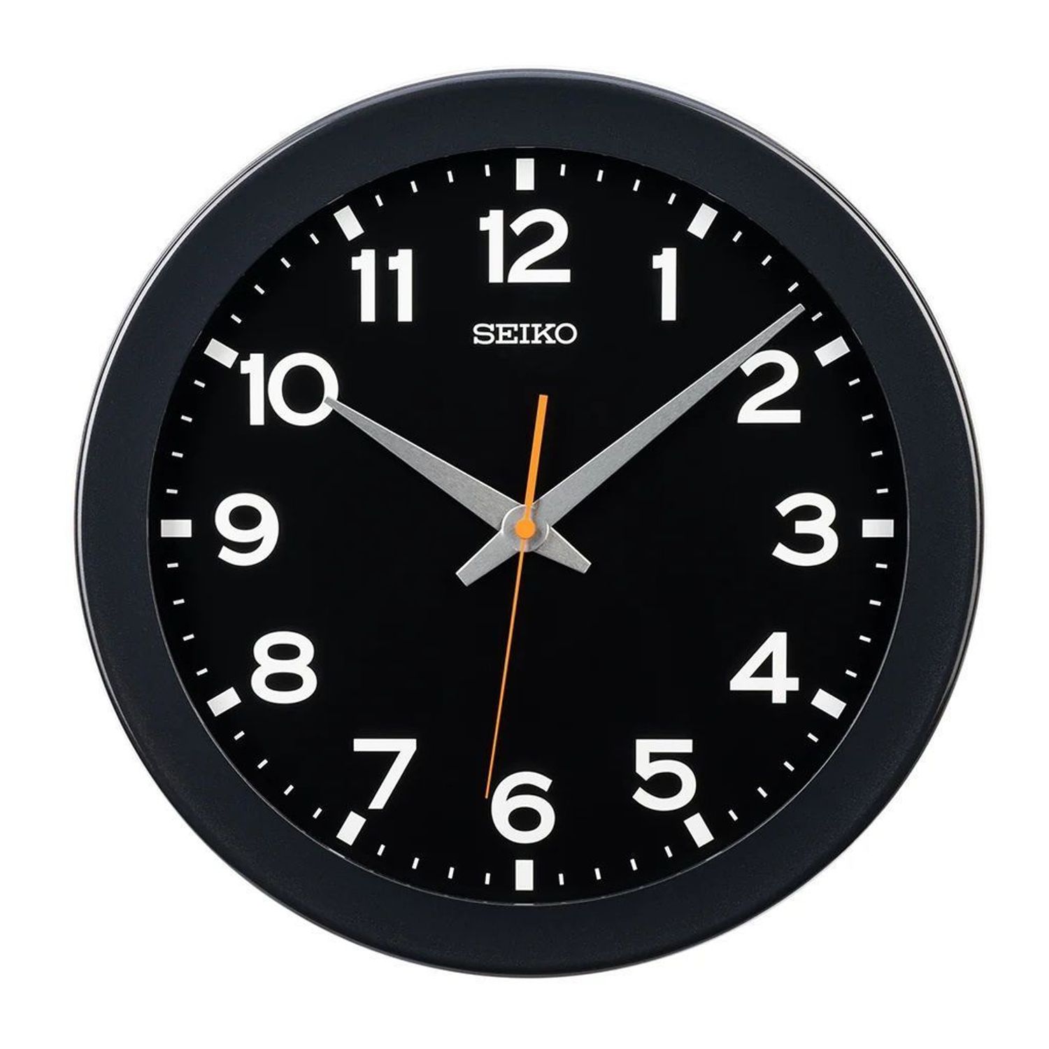 Zegar ścienny SEIKO QXA835K 37cm nowoczesny czarny zegar z pomarańczowym sekundnikiem.jpg