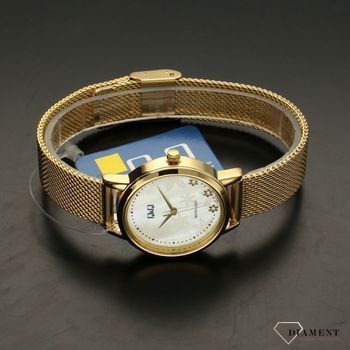 Zegarek damski Q&Q QZ57-001 na złotej bransolecie typu mesh z perłową tarczą i ornamentem kwiatowym ⌚  (1).jpg