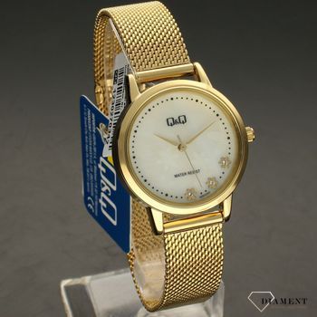 Zegarek damski Q&Q QZ57-001 na złotej bransolecie typu mesh z perłową tarczą i ornamentem kwiatowym ⌚  (4).jpg