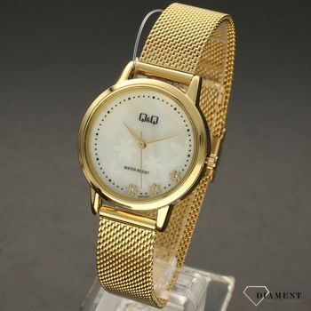Zegarek damski Q&Q QZ57-001 na złotej bransolecie typu mesh z perłową tarczą i ornamentem kwiatowym ⌚  (5).jpg