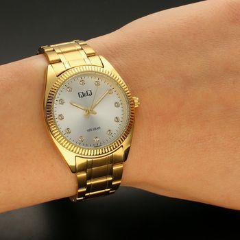 Zegarek damski złoty na bransolecie klasyczny QZ65-001 z błyszczącymi cyrkoniami na tarczy i grawerowanym pierścieniem ⌚  (5).jpg
