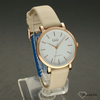 Zegarek damski na beżowym pasku skórzanym QQ QZ87-111 ⌚ Zegarki damskie na pasku✓  (1).jpg