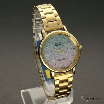 Zegarek damski złoty na bransolecie z kolorową, brokatową tarczą QZ91-012 ⌚ (1).jpg