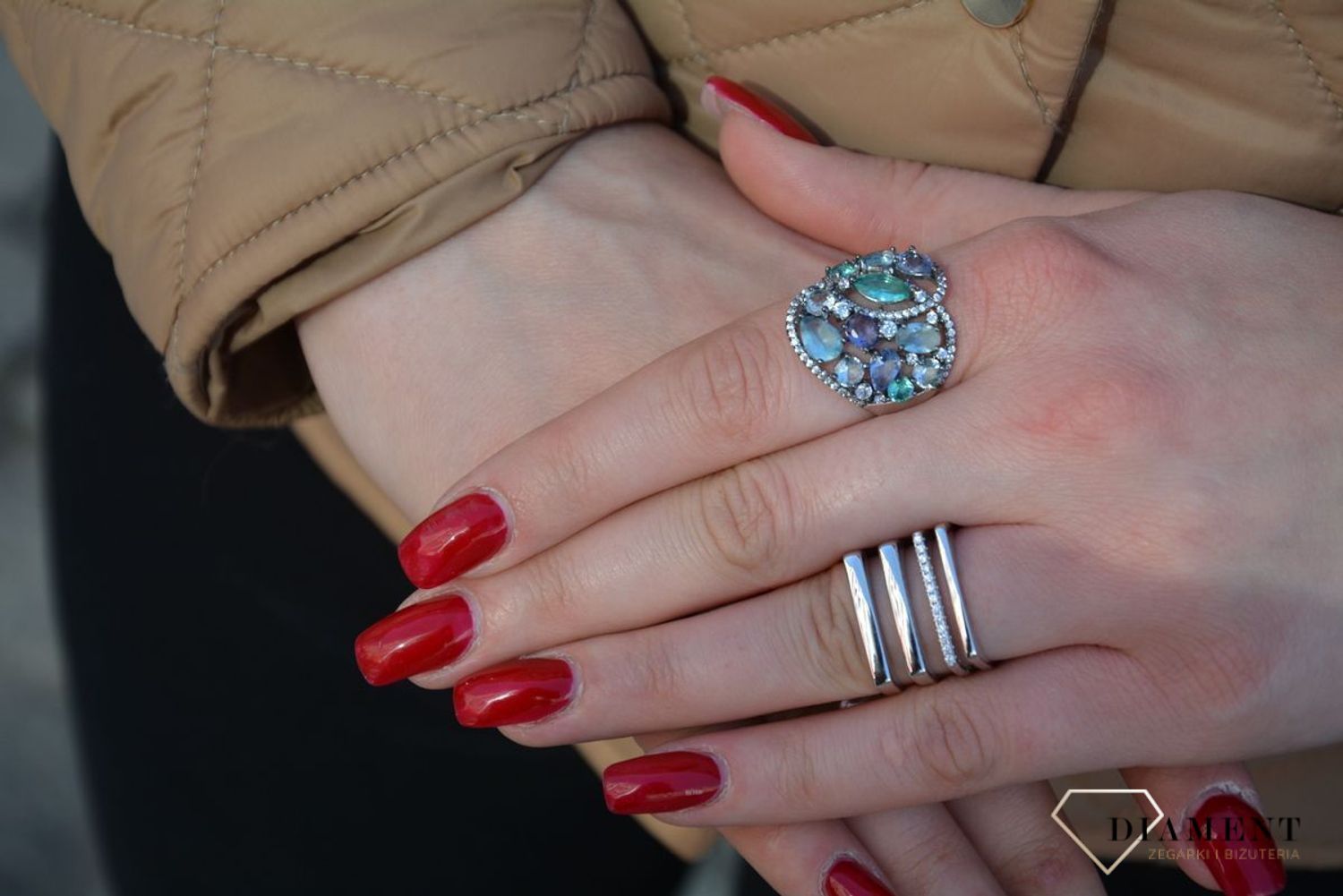 Pierścionek srebrny LineArgent cyrkonie falisty kształt R-16143.jpg