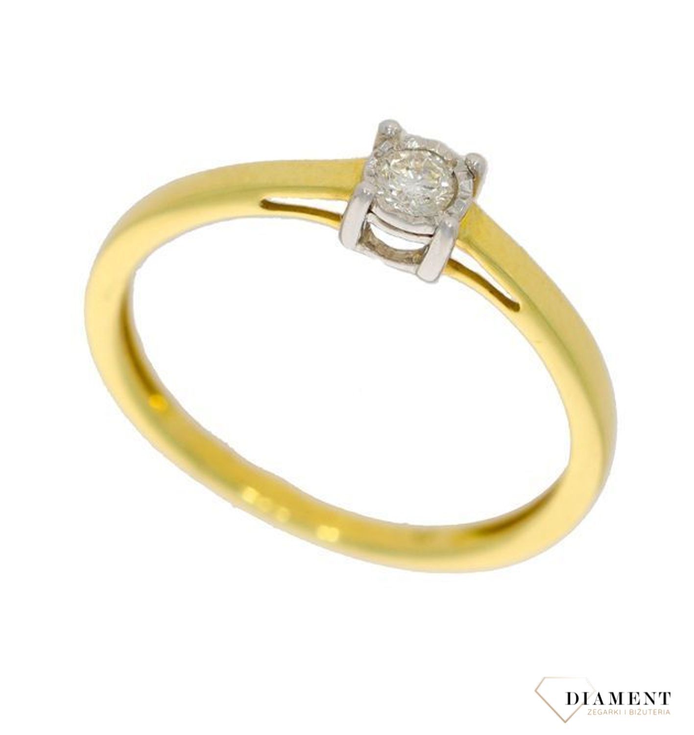 Pierścionek złoty DIAMENT żółte złoto, jeden diament w białym złocie, zaręczynowy. Pierścionki zaręczynowe. R-3924.jpg