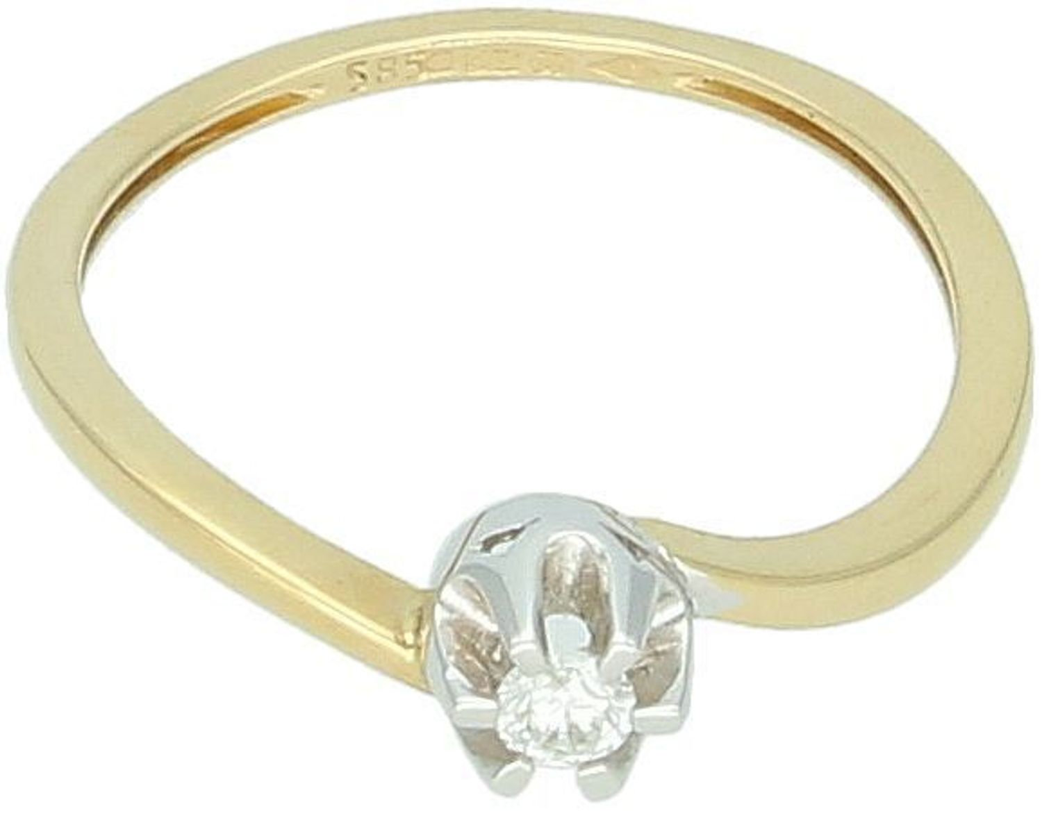 Złoty pierścionek zaręczynowy 585 z diamentem 0,07 ct – pofalowana obrączka.jpg