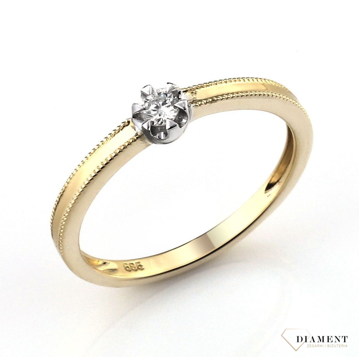 Pierścionek złoty DIAMENT żółte złoto, jeden diament w białym złocie, zdobiony.Pierścionki zaręczynowe. Piękny pierścionek ozdobiony brylantem. R38526TT..jpg