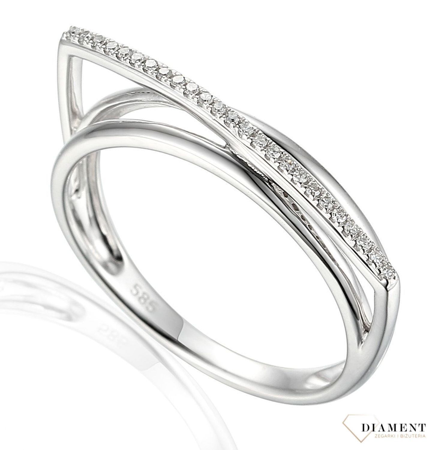 Pierścionek z białego złota DIAMENT 585 nowoczesny, diamenty. Geometryczny, delikatny pierścionek z brylantami w 25 sztukach o  wielkości 0,05 ct, barwie H oraz czystości SI..jpg
