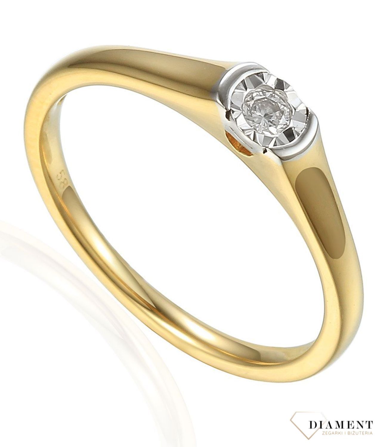 Pierścionek złoty DIAMENT 585, diamenty R73496YW 0800017439. Delikatny pierścionek w kolorze żółtego złota z brylantem pośrodku, który dodaje uroku całości..jpg