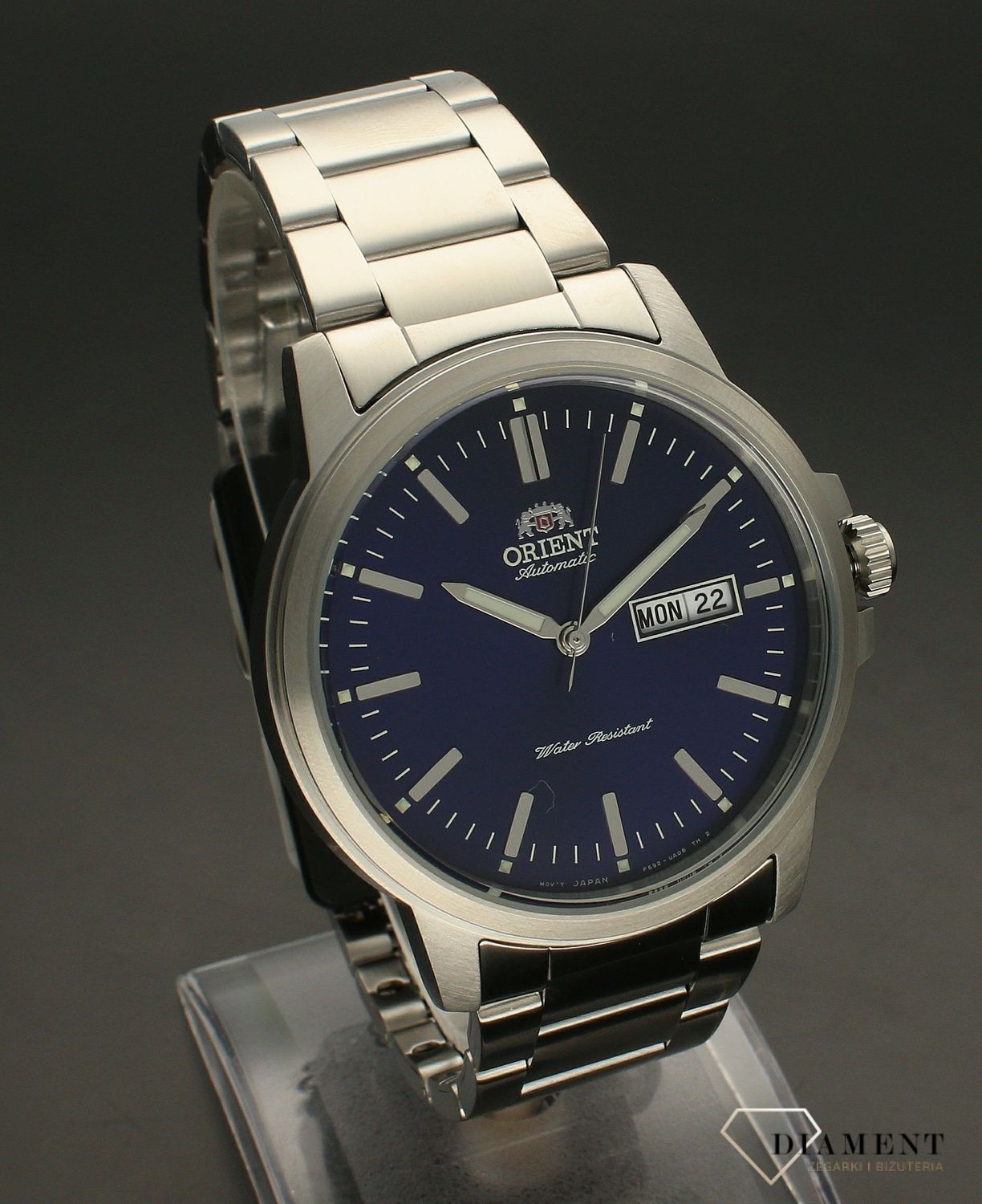Zegarek męski na bransolecie z automatycznym naciągiem i niebieską tarczą ORIENT RA-AA0C02L19B to czasomierz stworzony przez największego producenta zegarków mechanicznych firmę Orient..webp